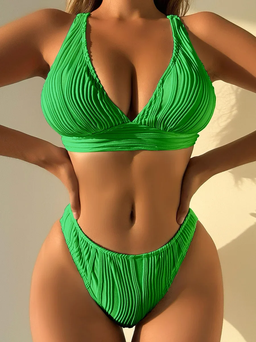 

2024 Wrinkled Crinkled Bikini Women Swimwear Female Swimsuit Two-pieces Bikini Set High Cut Bathing Suit Swim Beach Wear Lady