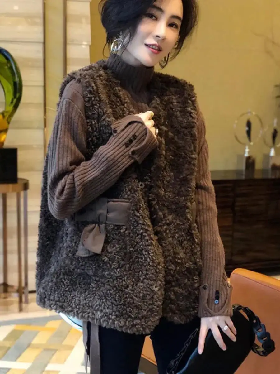 women's-loose-lamb-fur-vest-particle-floing-tee-piece-set-outerwear-autumn-winter-faion-korean-sle-casual-wear