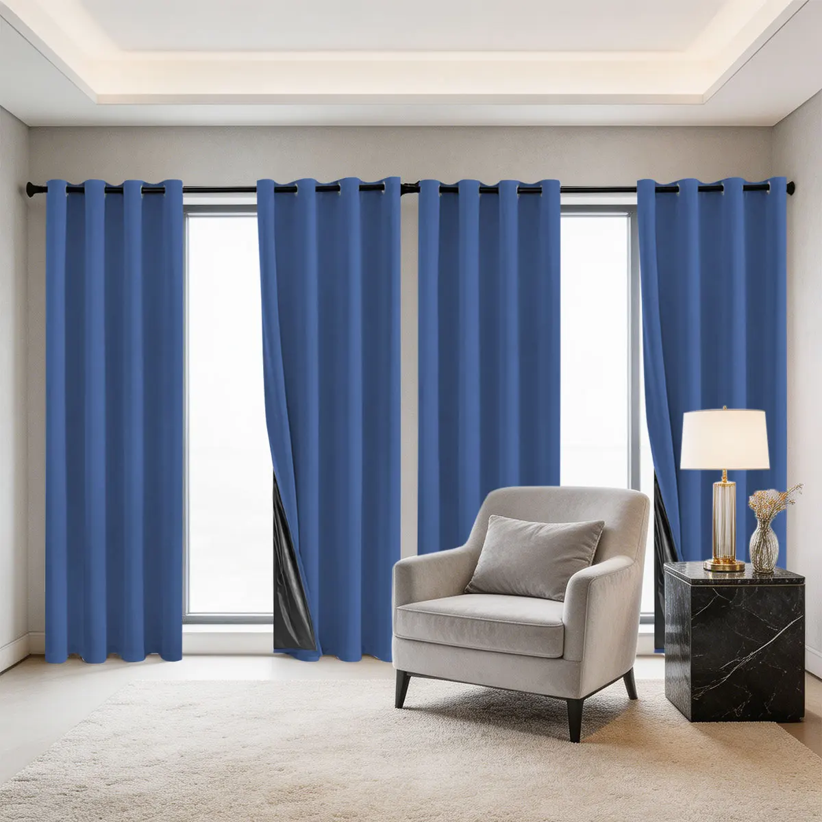 Dark Blue Grommet Light Blocking Curtains 4Pcs, Black Coated Solid Window Drapes for Bedroom Living Room Home Decor