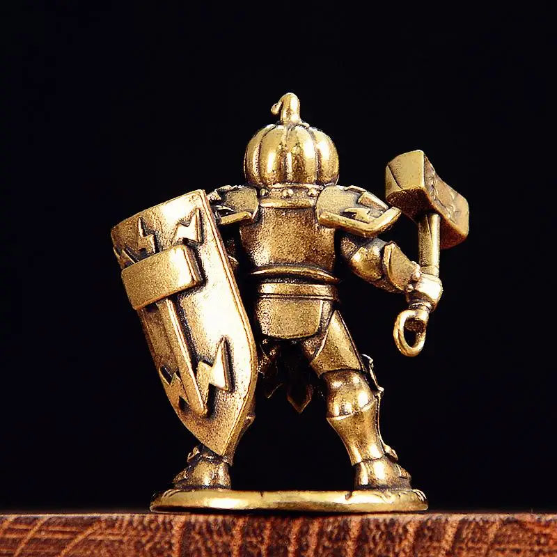Hot Sale Brass Made Shield Soldier Statue Pumpkin Demon Warrior Display With Hammer Pumpkin Headgear Figurine Home Office Decor