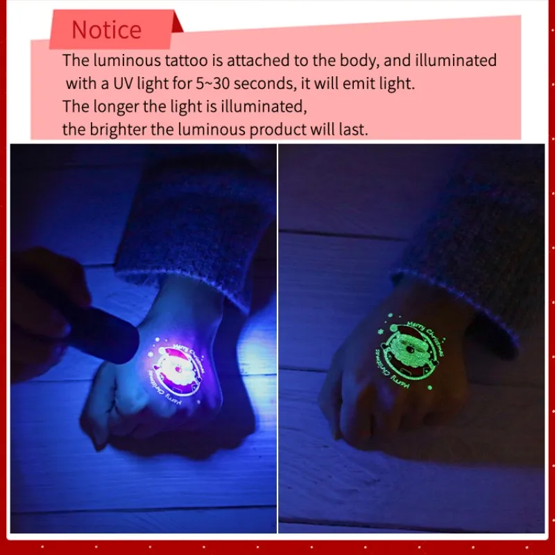 وشم مؤقت لعيد الميلاد المتوهج-سانتا كلوز، ساعة، شجرة، تصميم رجل الثلج لتزيين الوشم على شكل رسوم للجسم، حفلة دعائم عيد الميلاد #6