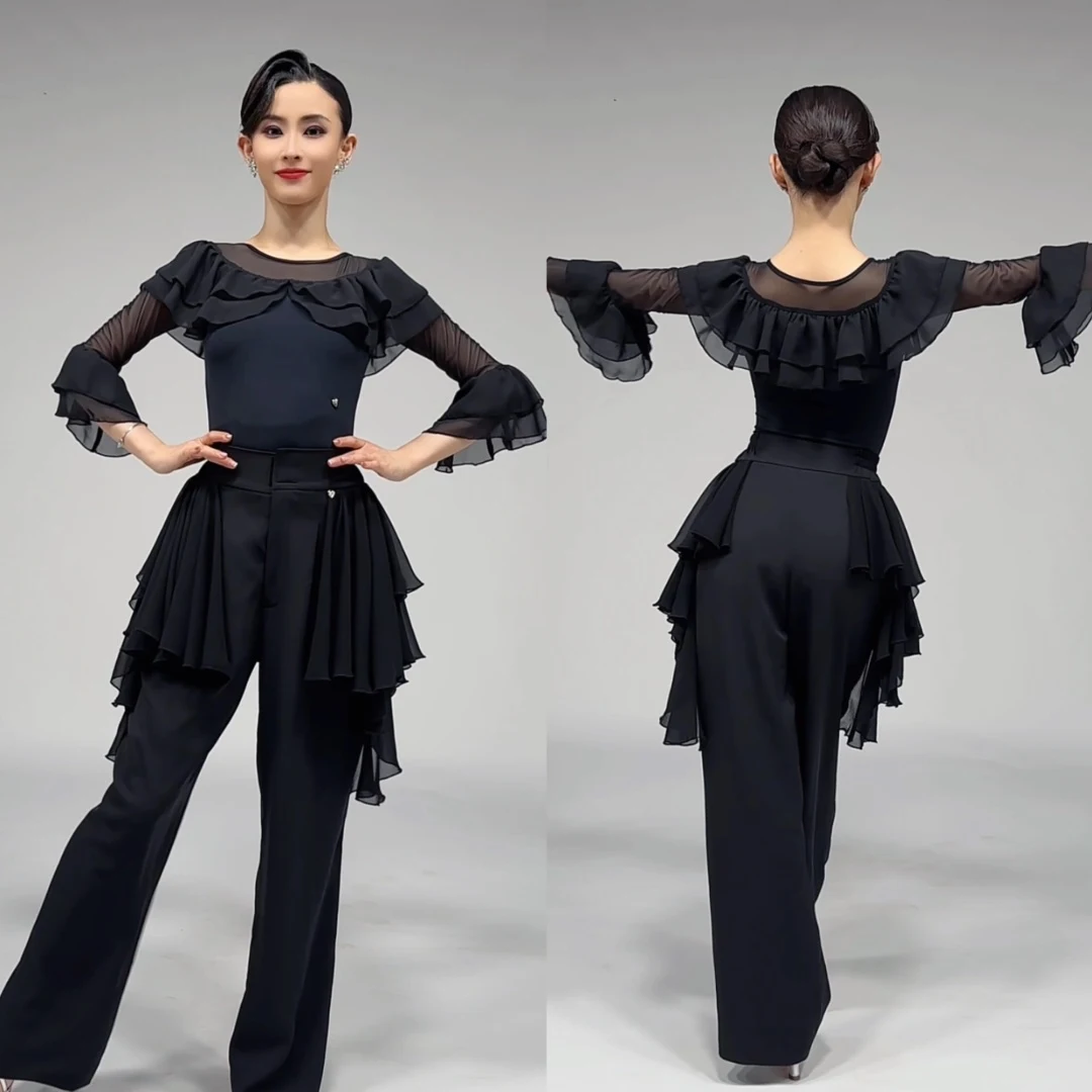 

New Women'S Latin Dance Competition Tops Black Half Sleeves Modern Dancing Top Adults Waltz Ballroom Dance Clothes SL13330