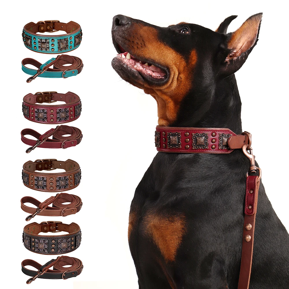 Genuine Leather Wide Dog Collar Leash Set Durable Padded Dog Collars Luxury Metal Rivet Pet Necklace With Rope for Dogs Pitbull