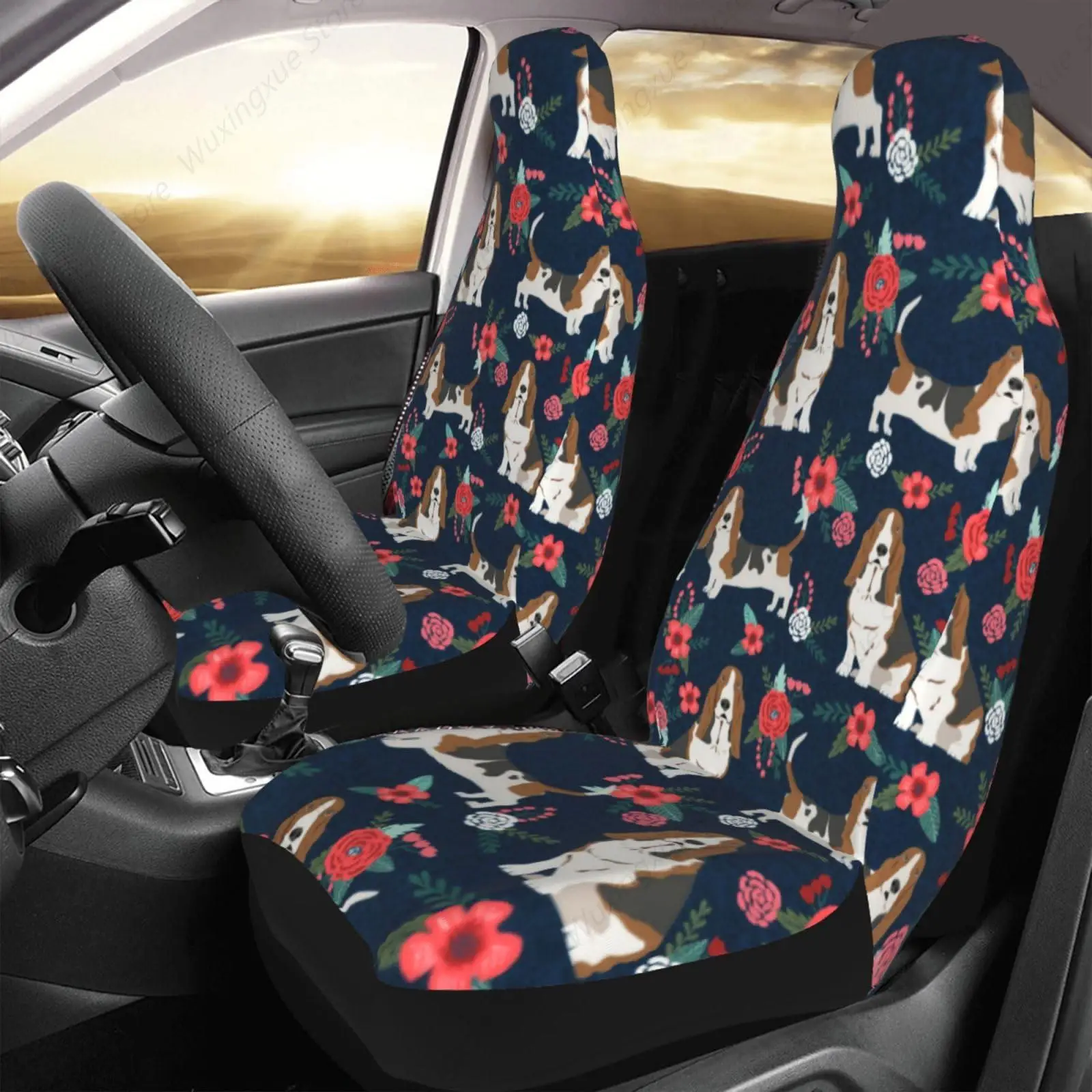 Cute Basset Hound Dog Puppy Florals Print Car Seat Covers Set of 2 Universal Auto Front Seats Protector Fit Cars Suv Sedan Truck