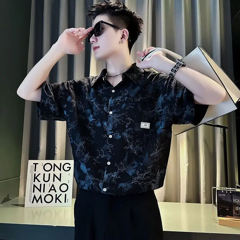 Ice Silk Drooping Short-sleeved Shirt Men's Printed Men's Inch Shirt 2024 New Summer Thin Tops Handsome Shirt