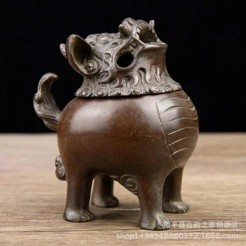 Pure Copper Sky-Gazing Roar Double-Horned Monster Incense Aromatherapy Burner Ornament Office Living Room Shop Desktop De