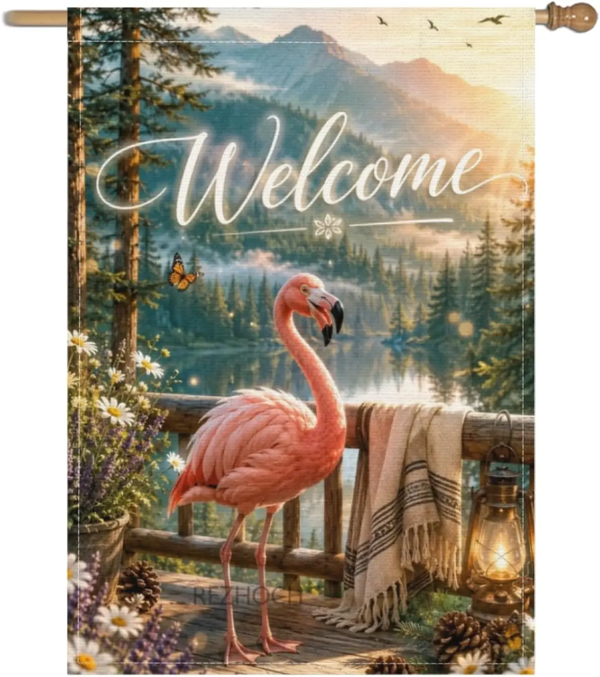 Welcome Spring Summer Fun Flamingo Garden Flag 28x40Inch,Mountain Lake Cabin Outdoor Yard Decor,Cute Animal Rustic Forest Fl kkz