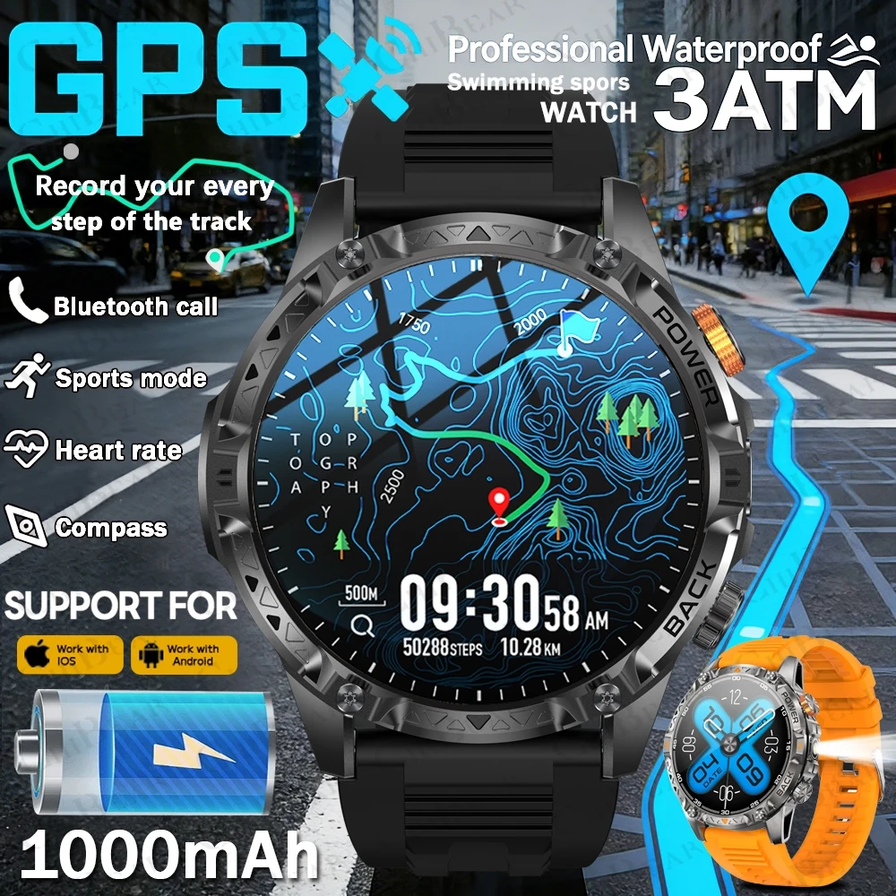 

2026 New 1000mAh Battery SmartWatch IP68 Waterproof Compass Bluetooth call 1.7" AMOLED HD Sports Flashlight Smart Watch For Men