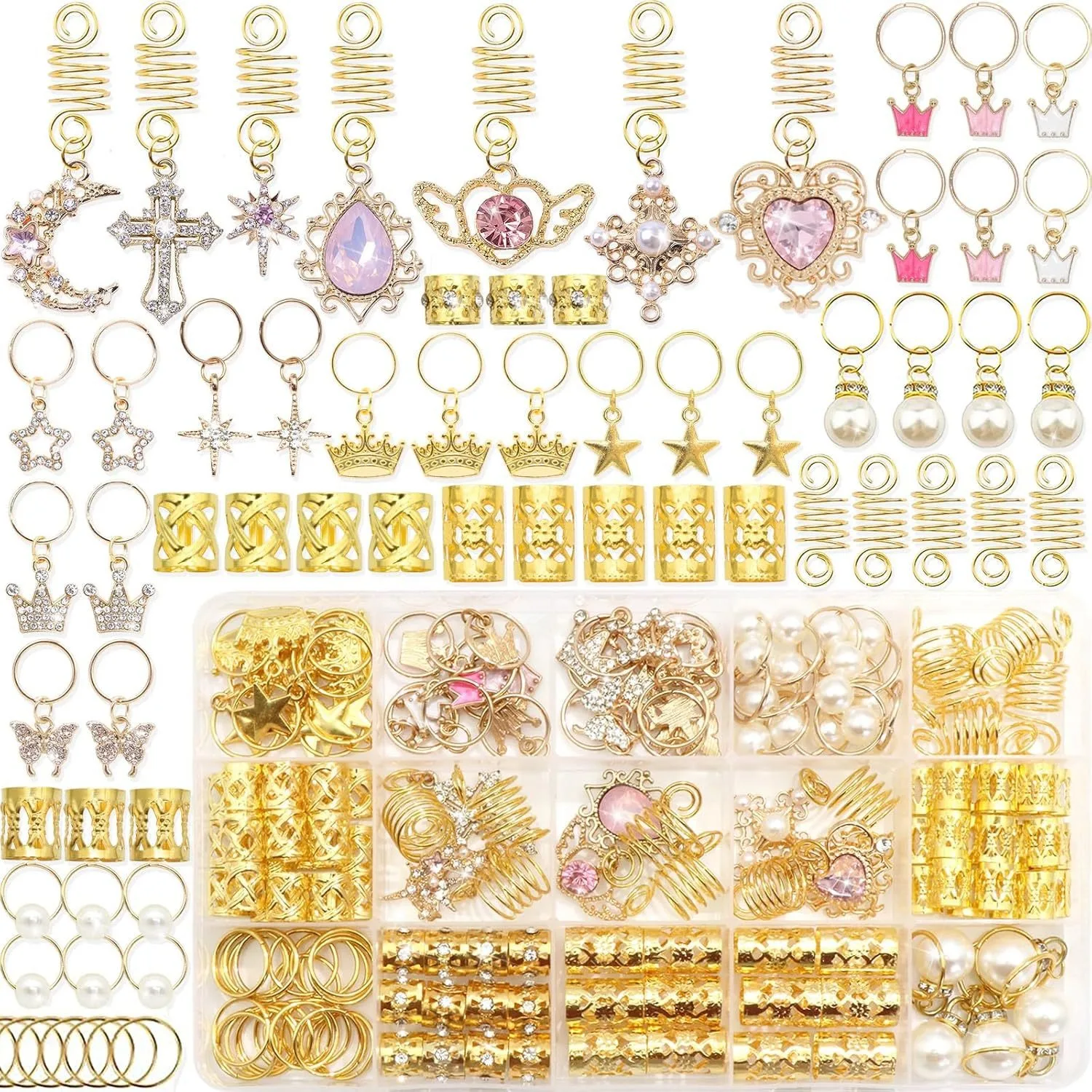 

156PCS Crystal Shimmering Pearl Pendant Dreadlock Hair Ring Set - Girls' Sweet & Cool Style Hair Accessories Kit