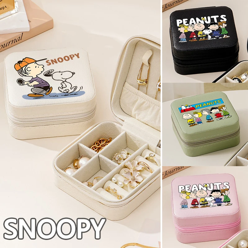 

Snoopy Jewelry Box Woodstock Cartoon Storage Box Women Travel Leather Jewelry Earrings Necklace Ring Case Organizer Display