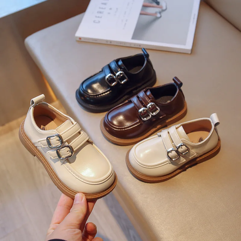 Children Leather Shoes Buckle Solid Color School Spring Kids Flat Shoe 23-35 Unisex Fashion Round Toe Flexiable Boys Girls Shoe