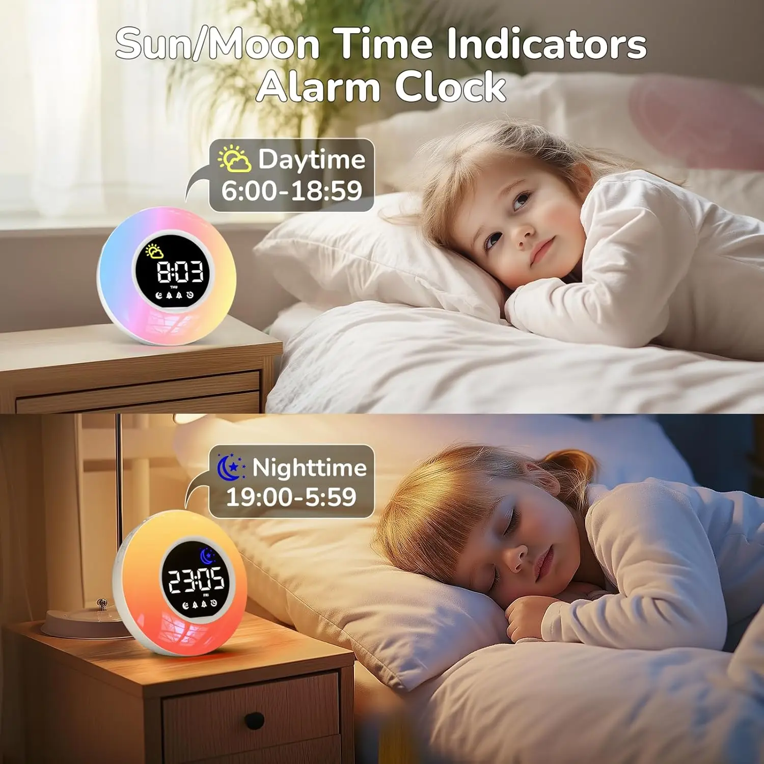 Children's Alarm Clock with Night Light,12 White Noise ,Snooze and Timer ,Adjustable Brightness Digital Alarm Clock for Bedroom
