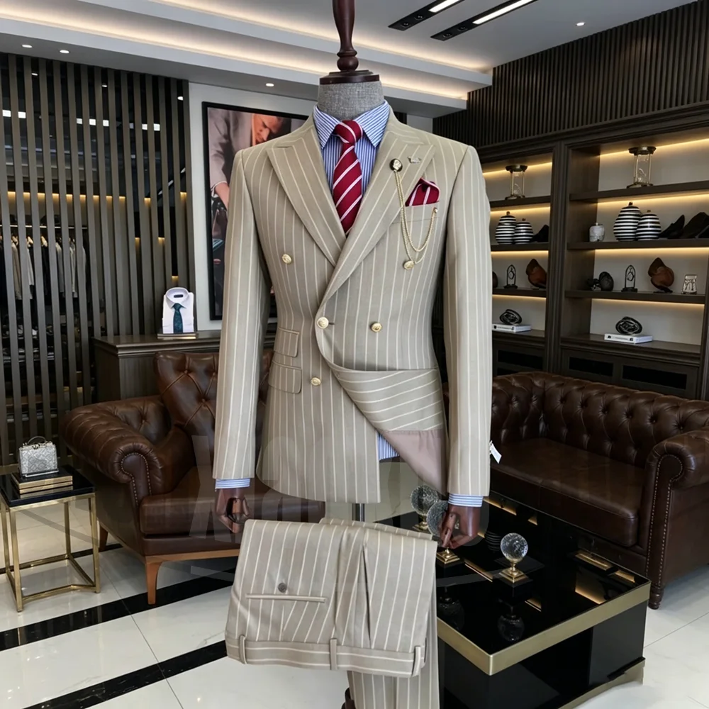 

Fashion Men Striped Two Piece Suit Slim Double Breasted Blazer and Pants Formal Business Wedding Party Gentleman Suit Outfit