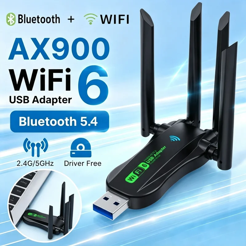 AX900 WiFi6 Bluetooth 5.4 USB Adapter, 2.4G/5G Dual Band Driver-Free Wireless Dongle, Electronic Accessory for Windows 10/11