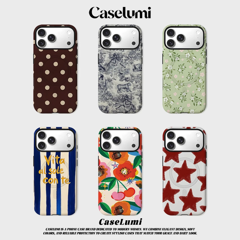 CaseLumi Matte Bumper für MagSafe Hülle für iPhone 17 16 15 14 Plus 13 Pro Max Stoßfeste Harte PC Vintage Polka Dot Print Schutzhülle