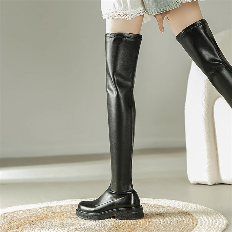 Meotina Women Genuine Leather Over-the-Knee Boot Round Toe Platform Zipper Flat Long Boots Ladies Fashion Shoes Autumn Winter 40