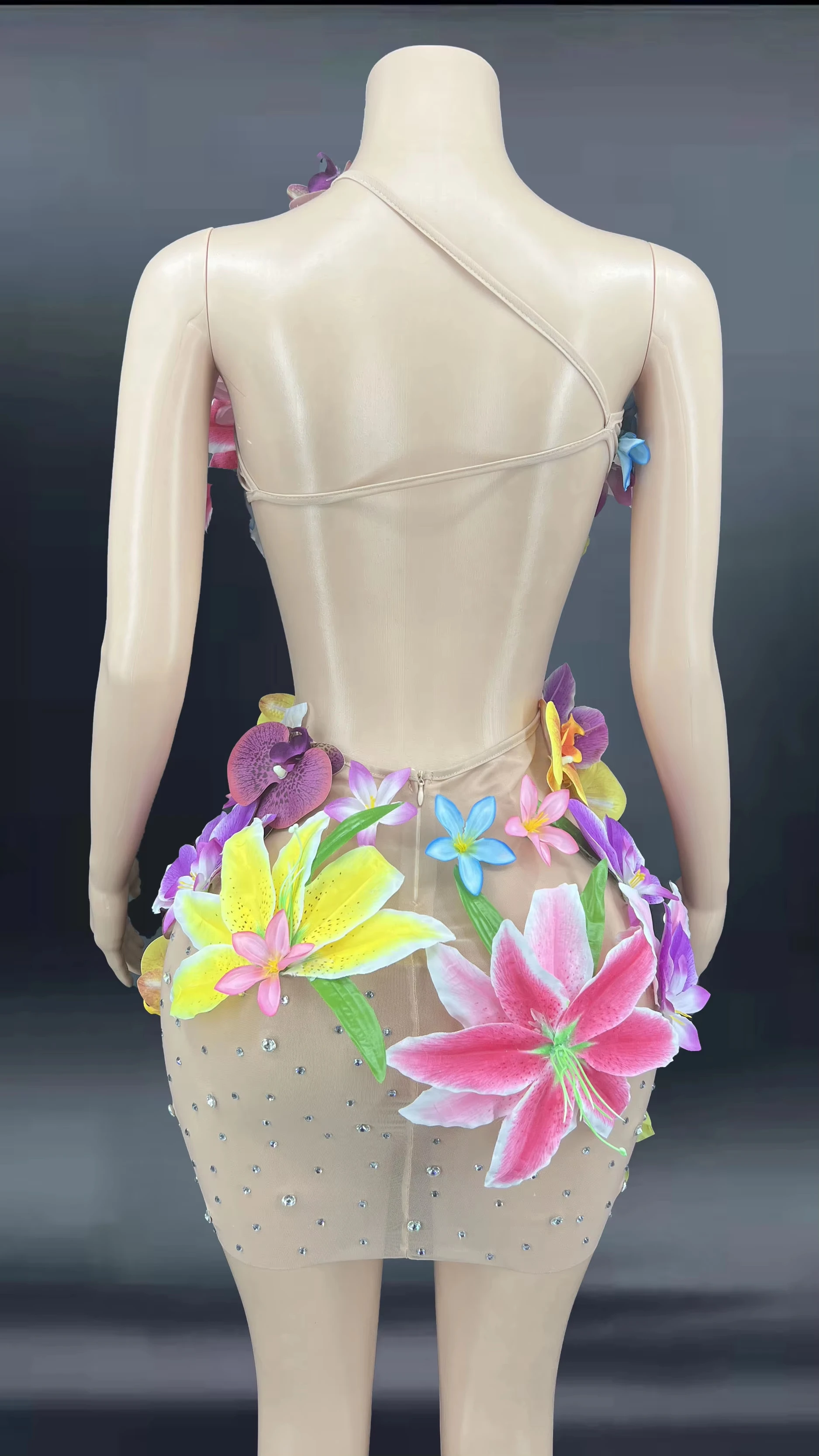 ZD Stage Platform for Music Performance One Shoulder Sheer Transparent Slim Fit Long Dress With Crystal