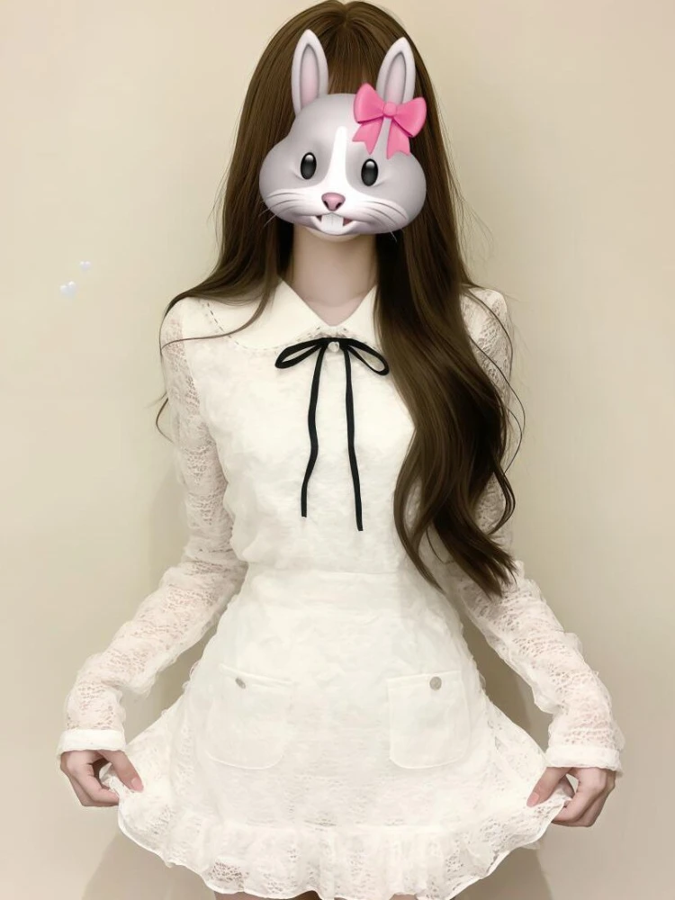 

French White Lace Black Bow Doll Collar 2 Piece Set Women Slim Fit Long Sleeve Ruffle Mini Skirt Spring Daily Wear Party Outfit