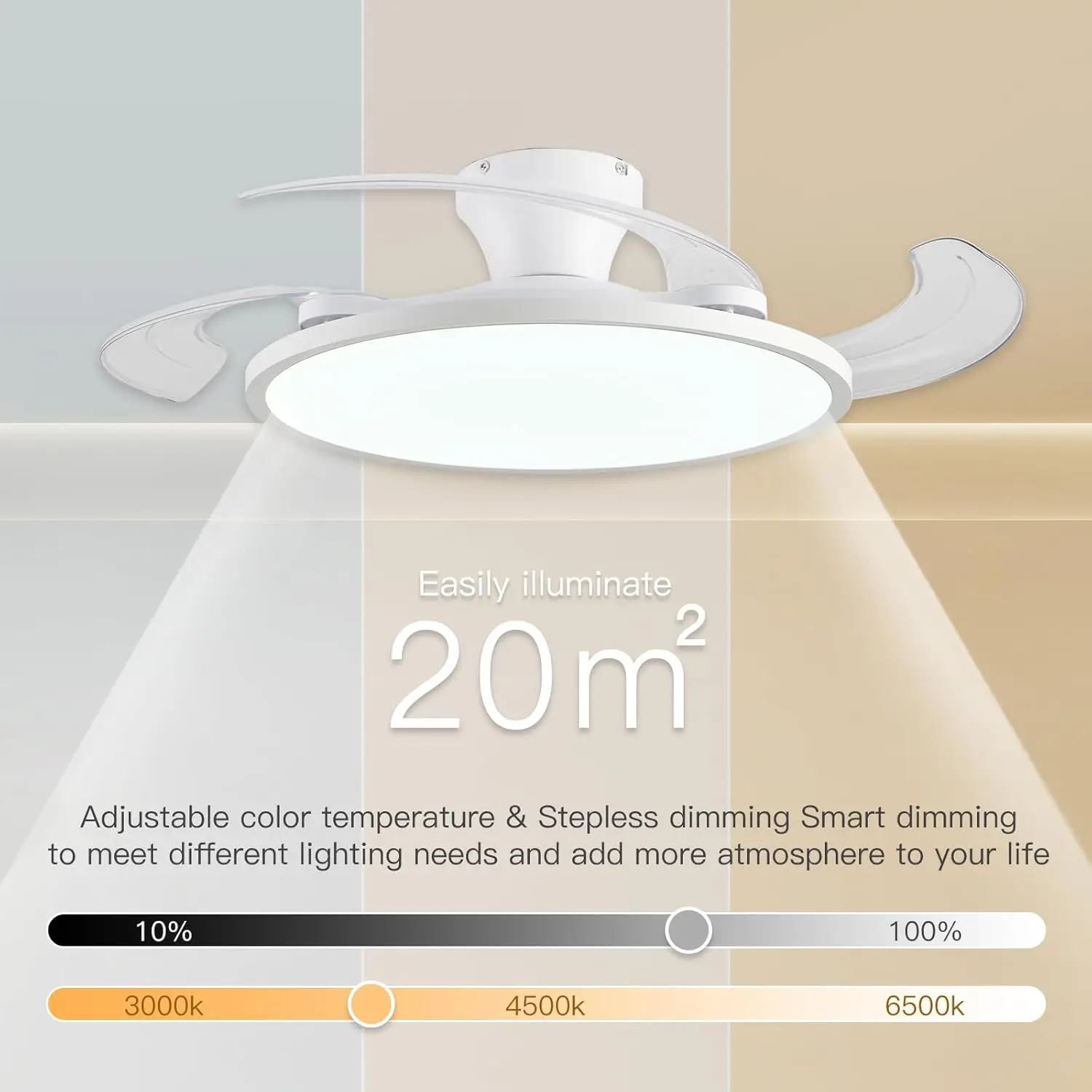 LED Invisible Fan Light Retractable Blades 6-Speed Variable Frequency App Remote Control For Living Rooms Bedrooms Dining Rooms