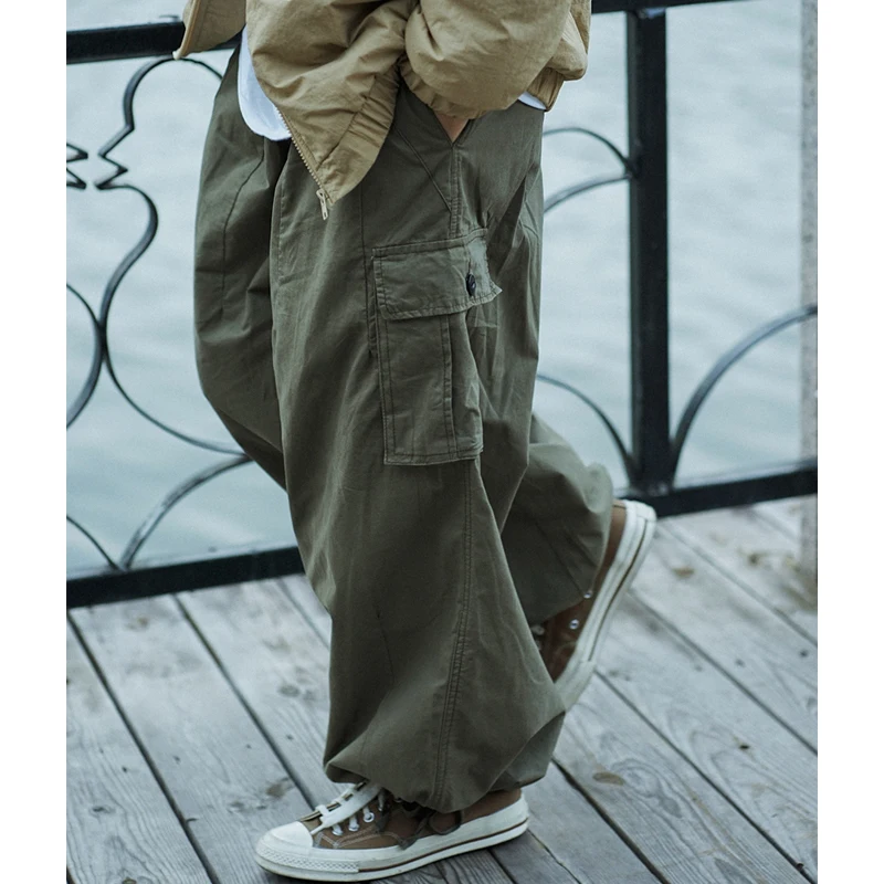 Multi-Pocket Cargo Pants Men\'s Casual Solid Colour Straight Pants Baggy Wide-leg Cropped Pants Men Ankle-length Pants