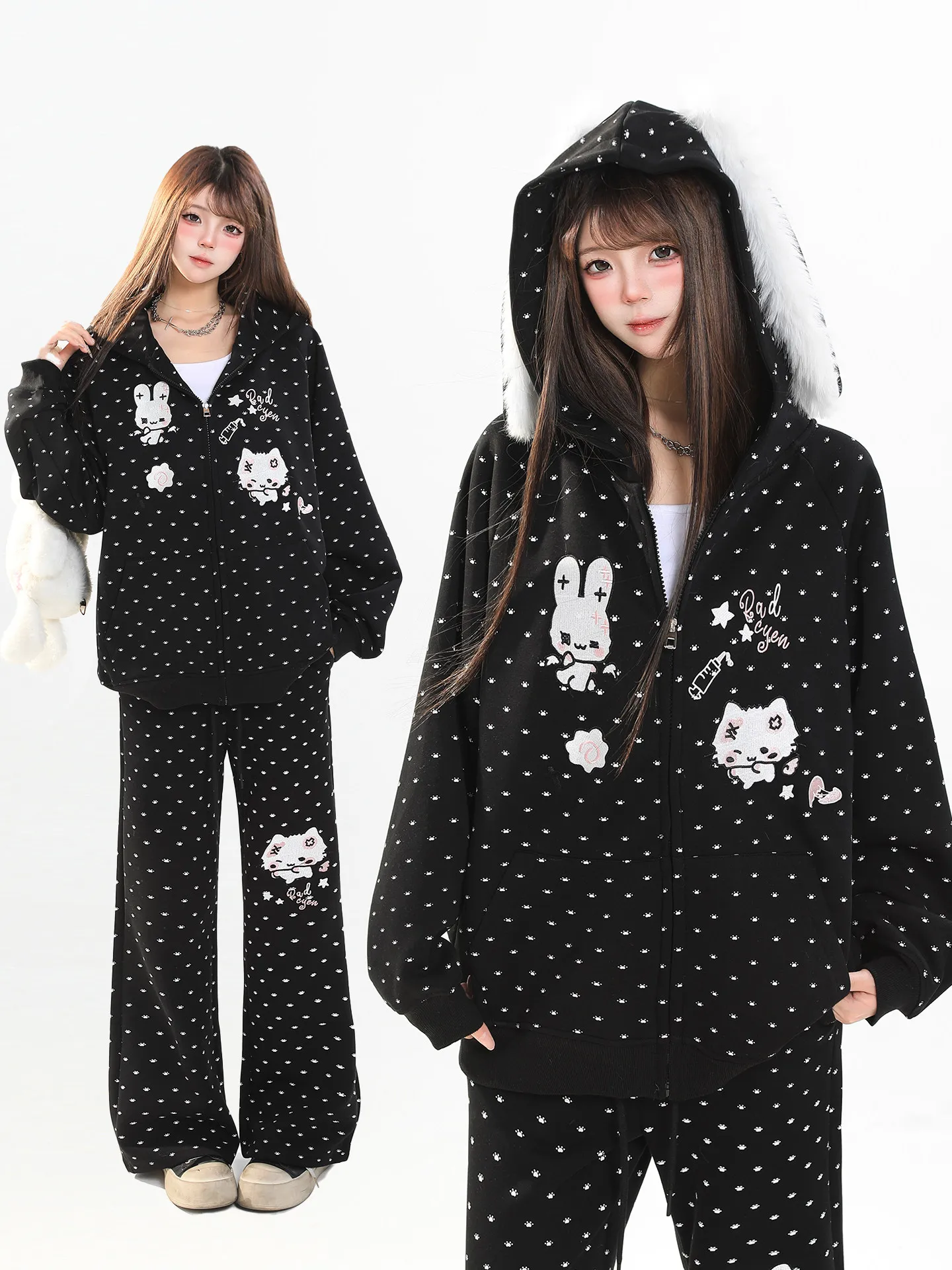 

Cute Cartoon Rabbit Ear Hoodie Open Cardigan Women's Loose Casual Zipper Jaet Spring Lazy Faionable Removeable Ear Design