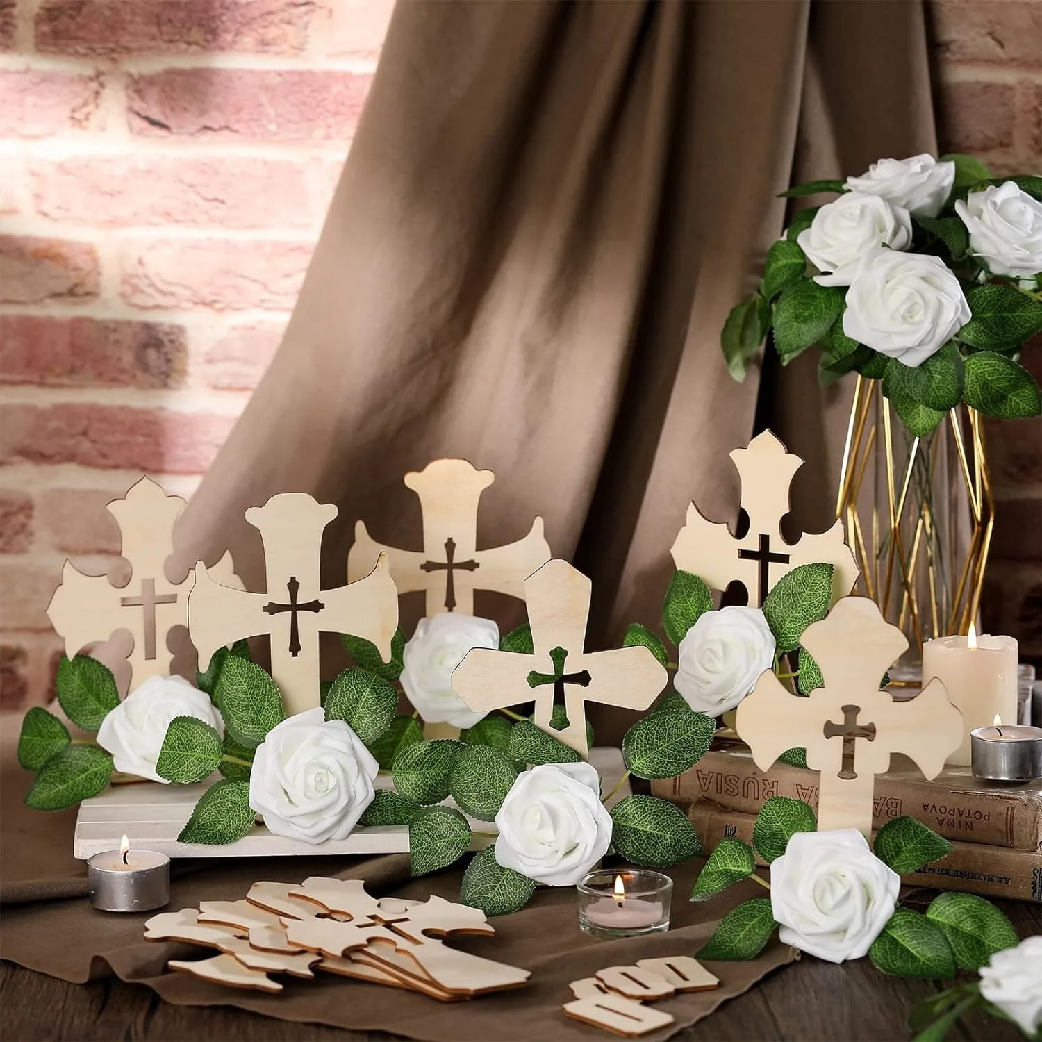 8PCS Wooden Cross with Base and Artificial Flower Fake Rose First Communion Centerpiece Wedding Home Decor (Wooden) Crafts