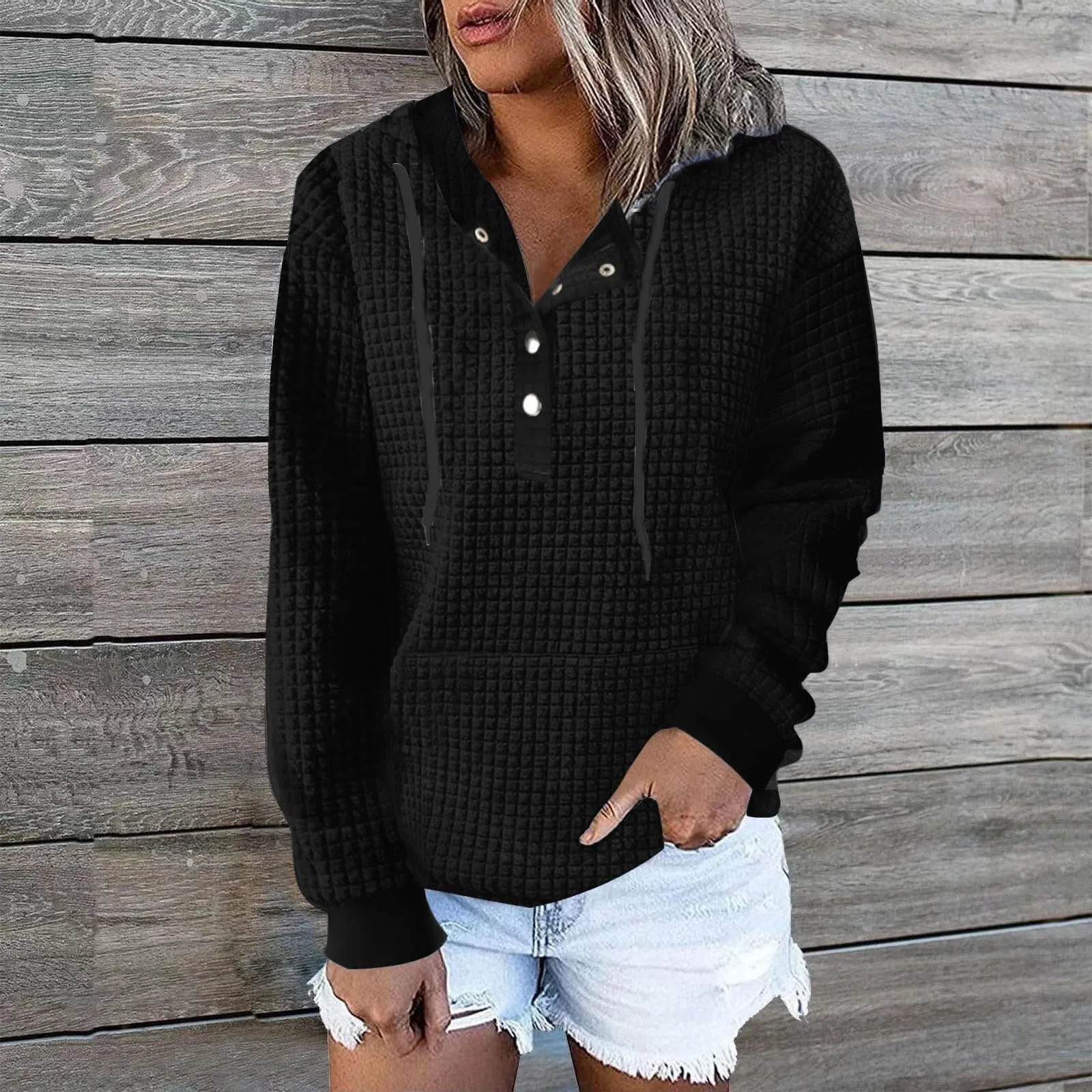 

Solid Color Plaid Hoodies Women 2024 New Button Hooded Sweatshirt Autumn Long Sleeve Pocket Female Pullovers Bluza Damska