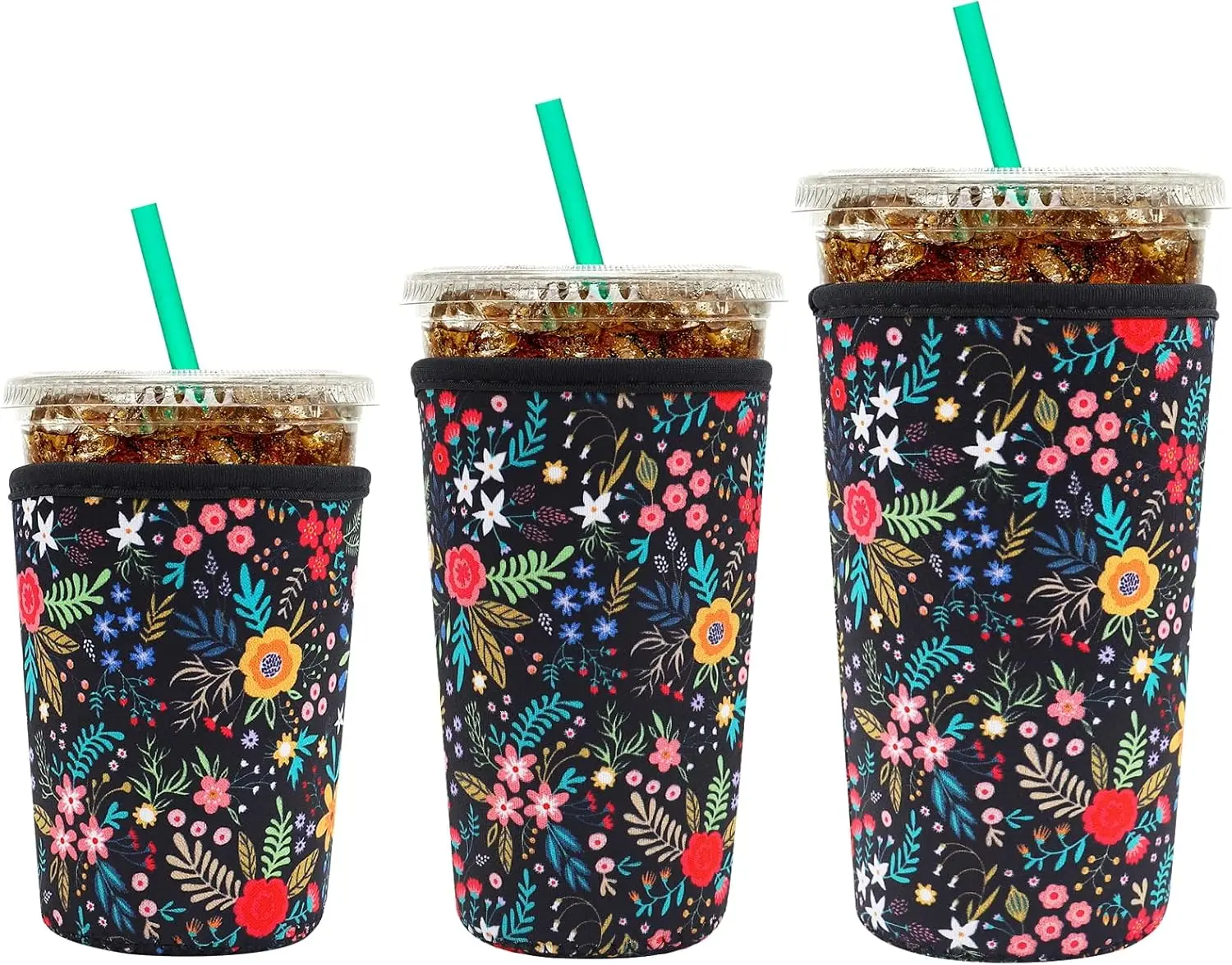 

Reusable Neoprene Insulator Sleeve Iced Coffee Cups, 3 Pack Coffee Coolies sleeves Iced Hot Drinks, Beverage Cooler Compatible