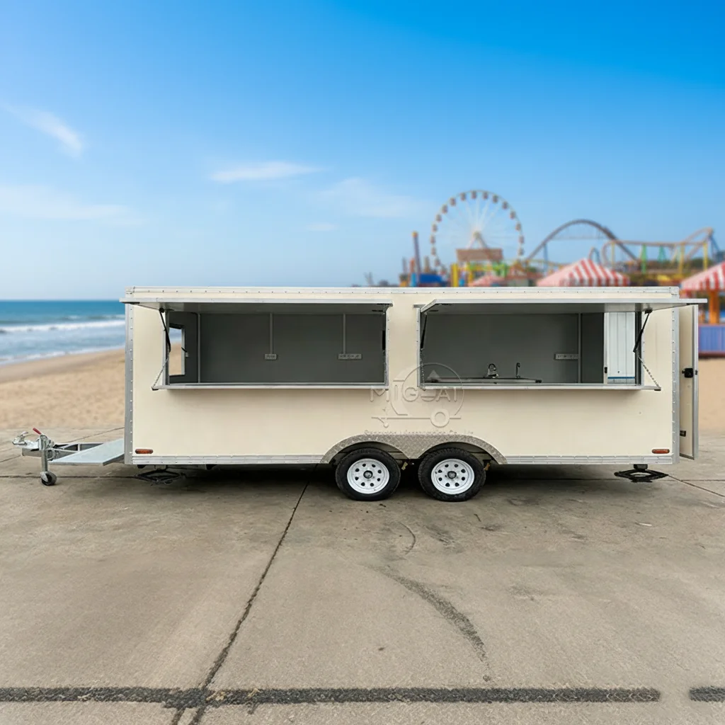 

Beige Mobile Stainless Steel Kitchen with Serving Windows and Sink Food Trailer for Outdoor Snack Vending
