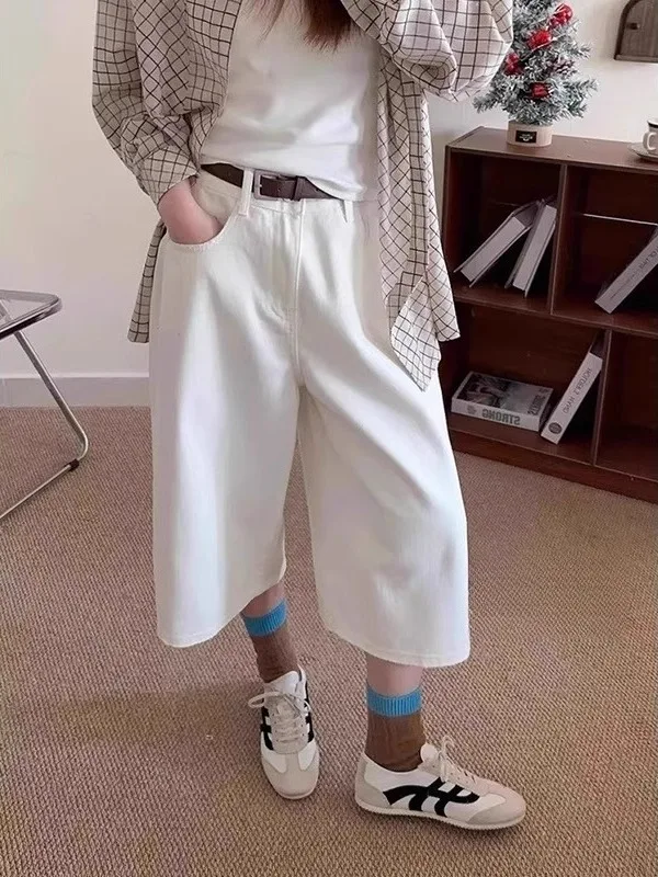 

plus Size Women's White Straight Leg Seven-Foot Jeans orts High Waist Loose Casual Drapey Wide Leg Mid-Length Pants