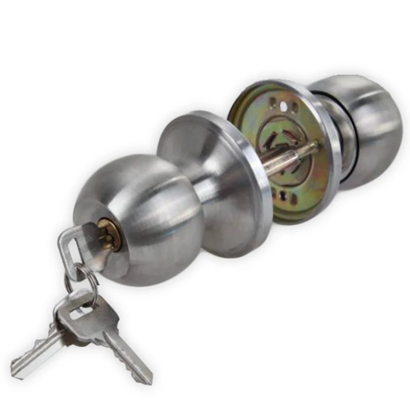 Stainless Rotation Round Door Knobs Handle Entrance Passage Lock With Key Set For Ease Of Opening.  Keyhole On Outside