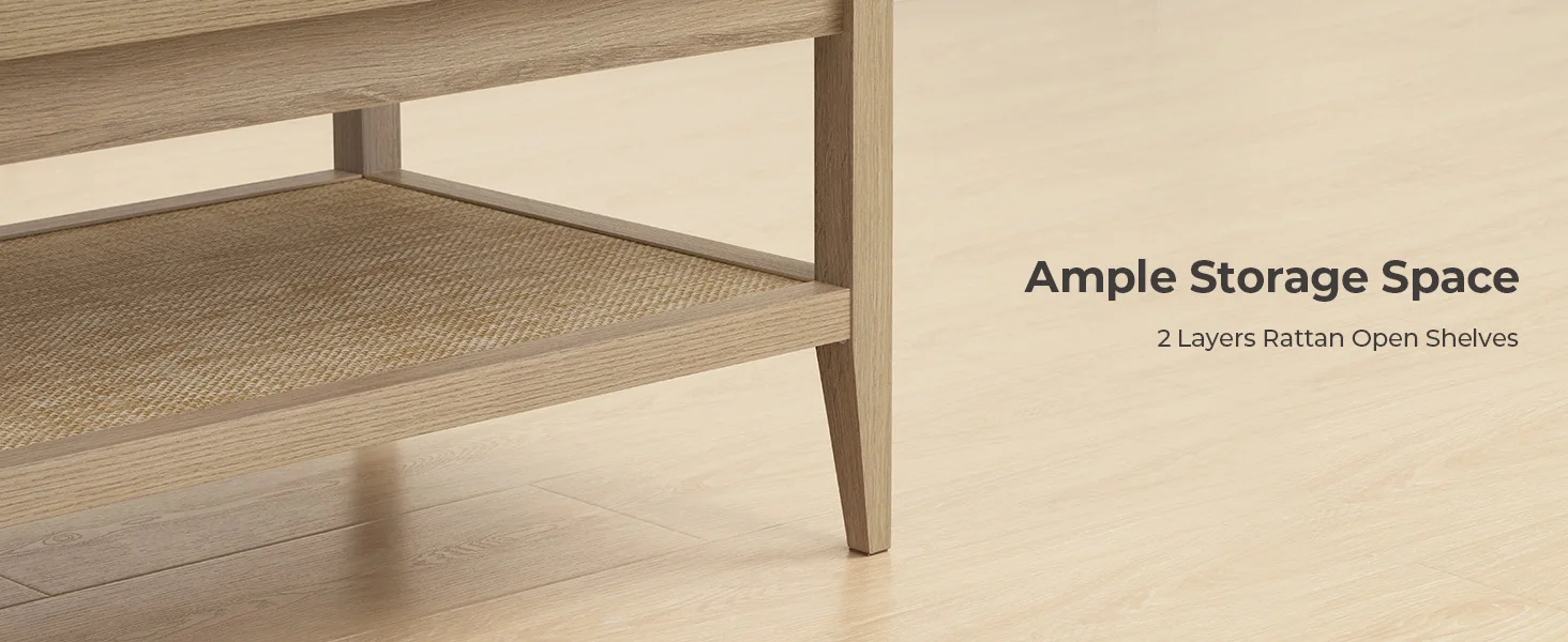 Close-up of woven rattan lower shelf shelf joinery