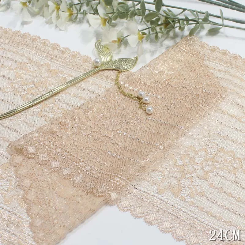 

50Yards Golden Foil Elastic Stretch Lace Trim Lingerie Sewing Craft DIY Apparel Sleeve Fabric Wedding 24cm Wide