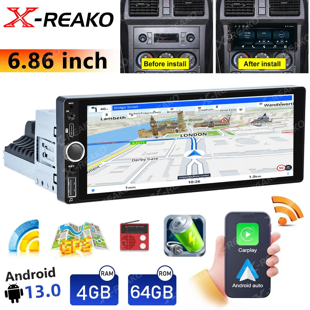 X-REAKO 6.9 inch Android 13 Car Stereo 64G Universal Video Player 1Din Wireless Carplay Auto GPS Navigation 4G NO 2din DVD