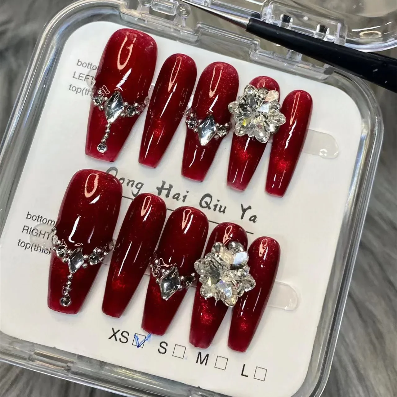 10 Pieces New Year Red Festive Press On Nails Handmade Zirconia Snowflake Large Diamonds Super Glitter Nail Patches Removable