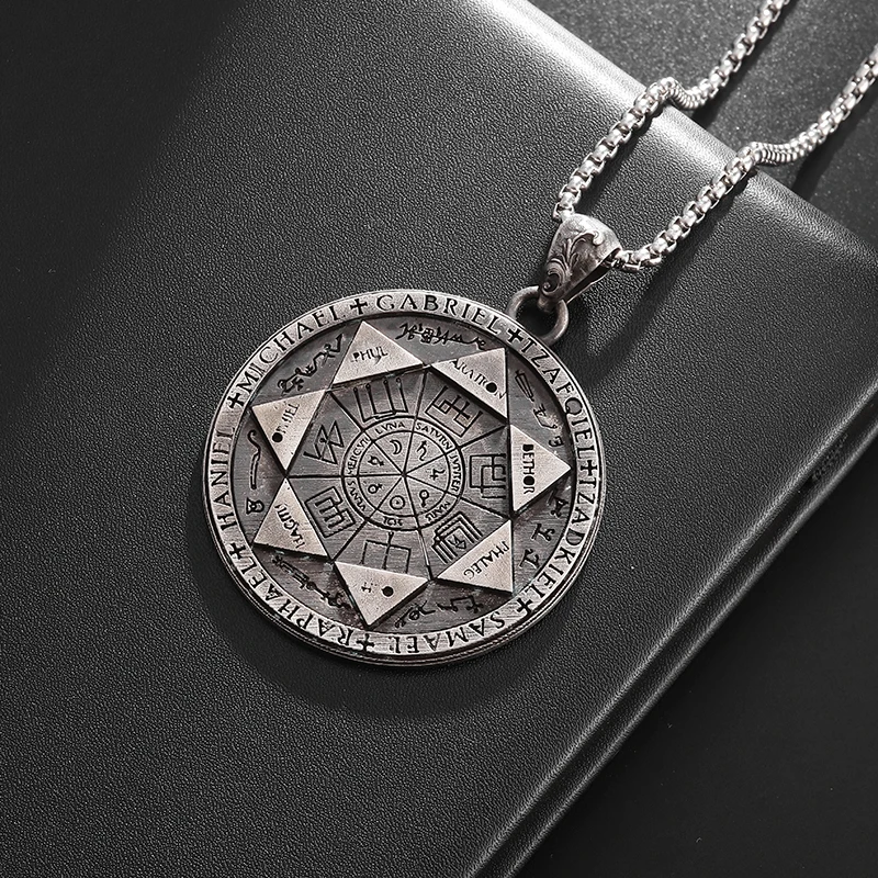 Seven Angels Magic Circle Solomon\\\\\'s Seal Amulet Necklace Pendant Men\\\\\'s Punk Retro Lucky Amulet Jewelry