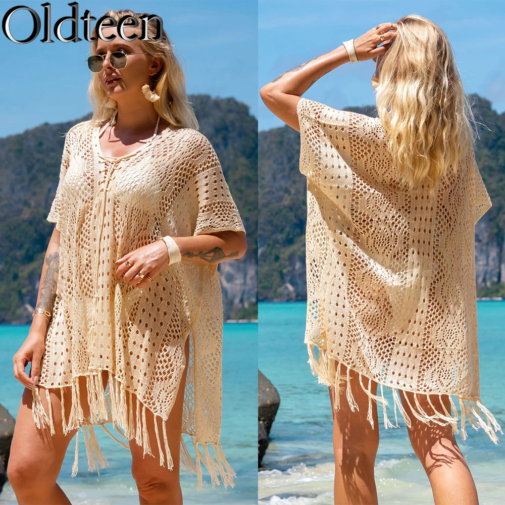 European and American New Knitted Hollow Out Tassel Short Skirt Cover Up Beach Bikini Swimwear Cover Up Sun Protection Clothing