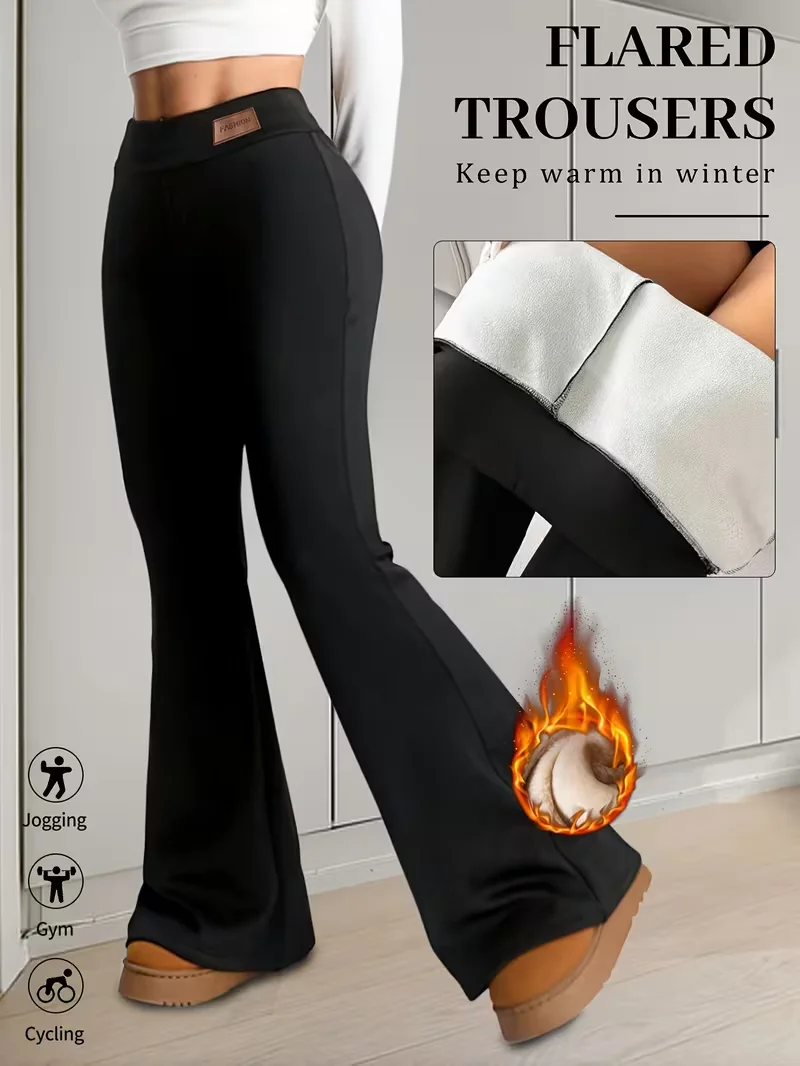 กางเกงลำลองผ้าฟลีซสำหรับฤดูหนาว ให้ความอบอุ่น กางเกงทรงขาบานเอวสูง ช่วยให้ดูผอมเพรียวและขาเรียวยาว เหมาะสำหรับใส่ลำลองในชีวิตประจำวัน