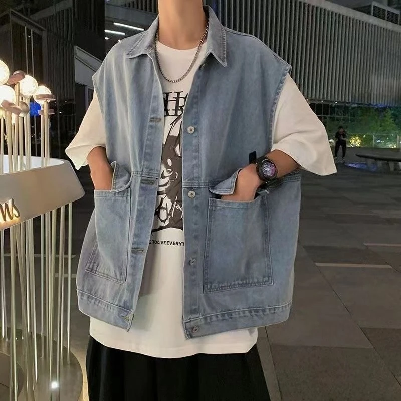 

Men's Denim Vest with Large Pockets Casual Loose Fit Street Style Workwear Cotton Vest No Sleeves Trendy Unisex Layering Piece