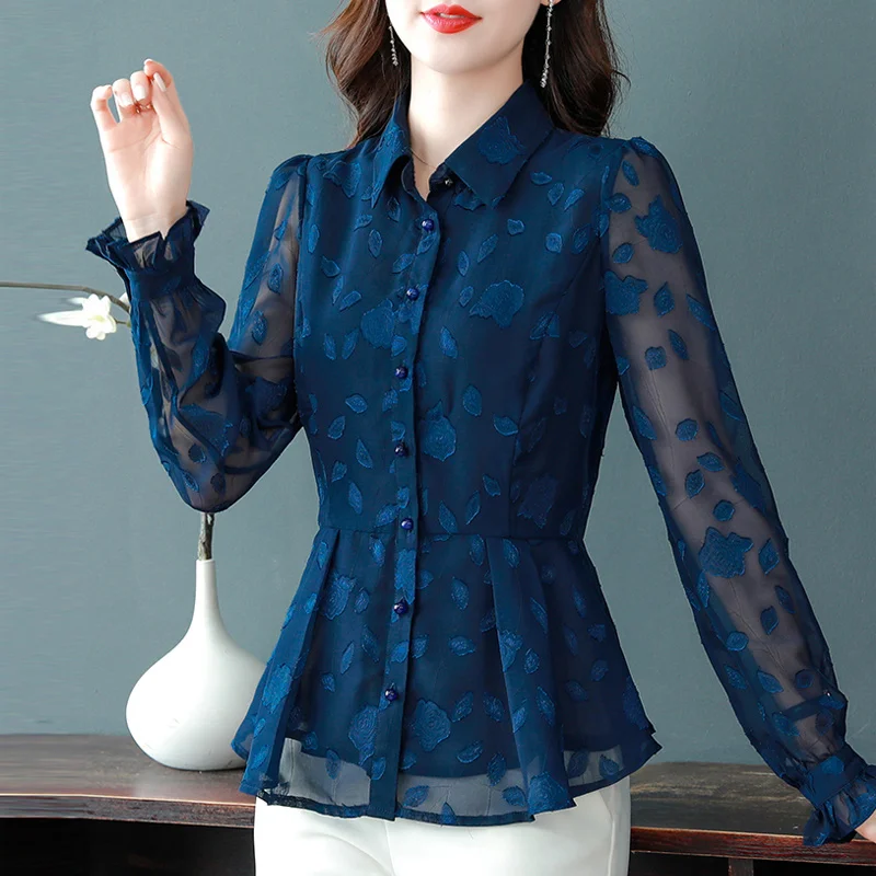 #2530 Black Blue Office Chiffon Shirt Women Long Sleeve Slim Vintage Thin Office Ladies Tops And Blouses Buttons High Waisted