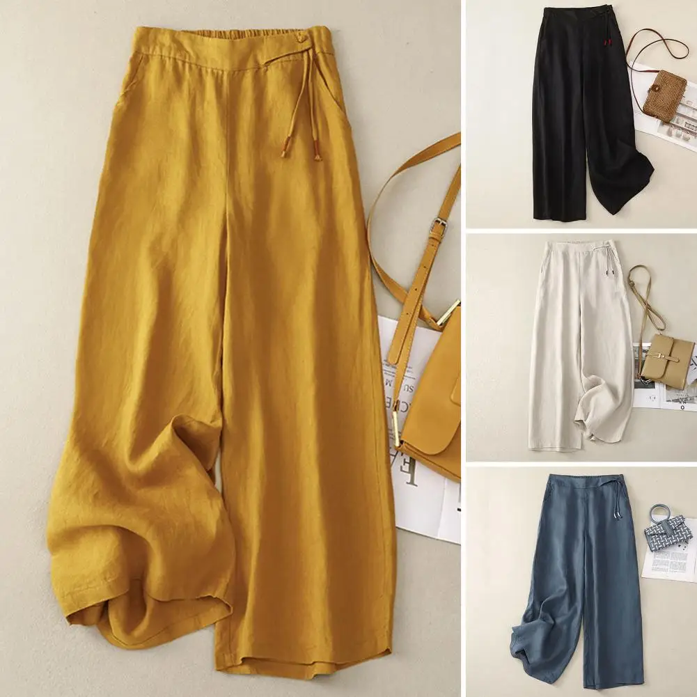 Women Wide-leg Pants Elastic High Waist Wide Leg Pants for Women Loose Fit Trousers with Draped Design Solid Color Streetwear