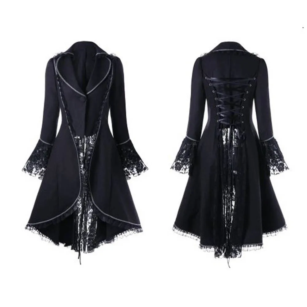 

Women Medieval Steampunk Victorian Style Gothic Jacket Noble Court Retro Dress Halloween Costume Lace Trim Lace-up High Low Coat