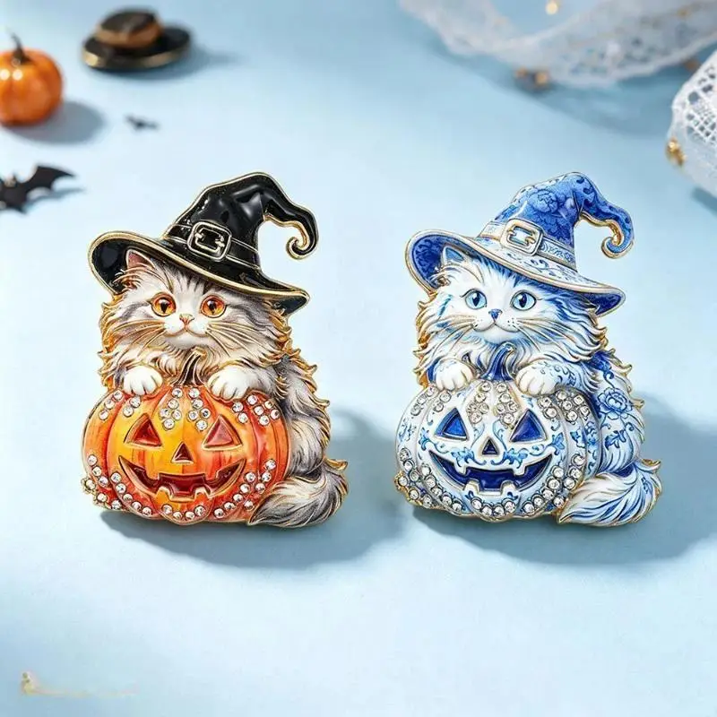 Halloween Cat Brooch Delicate Witch Hat Pumpkin Kitty Pin Perfect Party Favor Jewelry for Halloween Guest Souvenir Gift