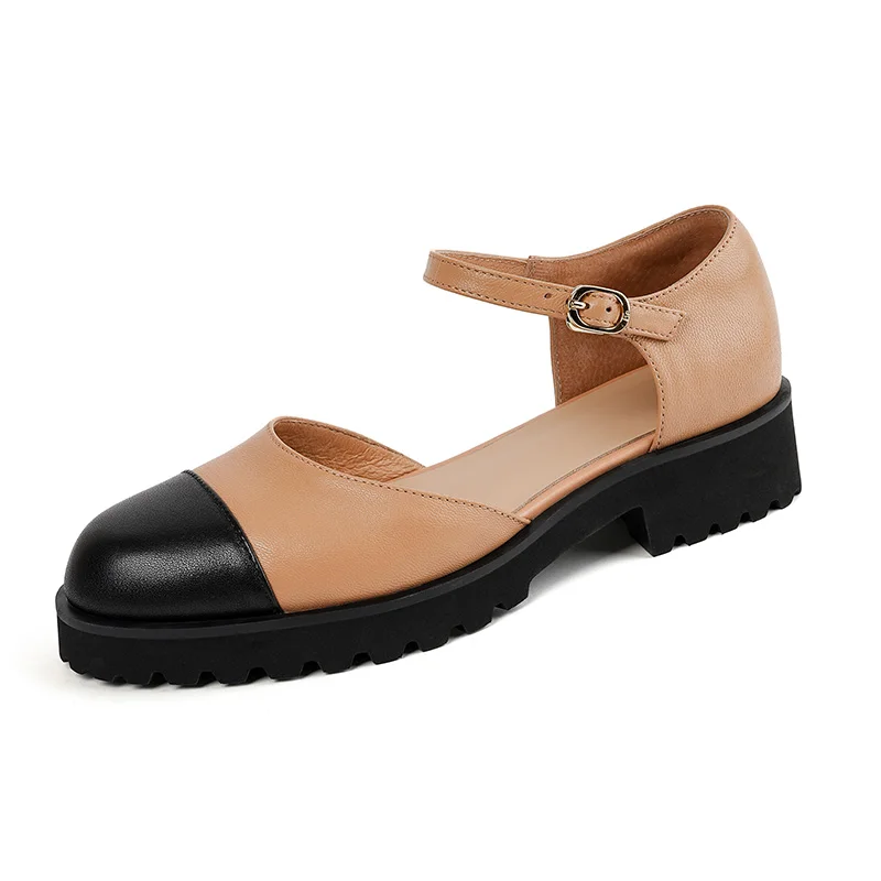 

Genuine Leather Women Ankle Strap Pumps Splicing Mary Janes Ladies Low Square Heels Beige Dress Shoes