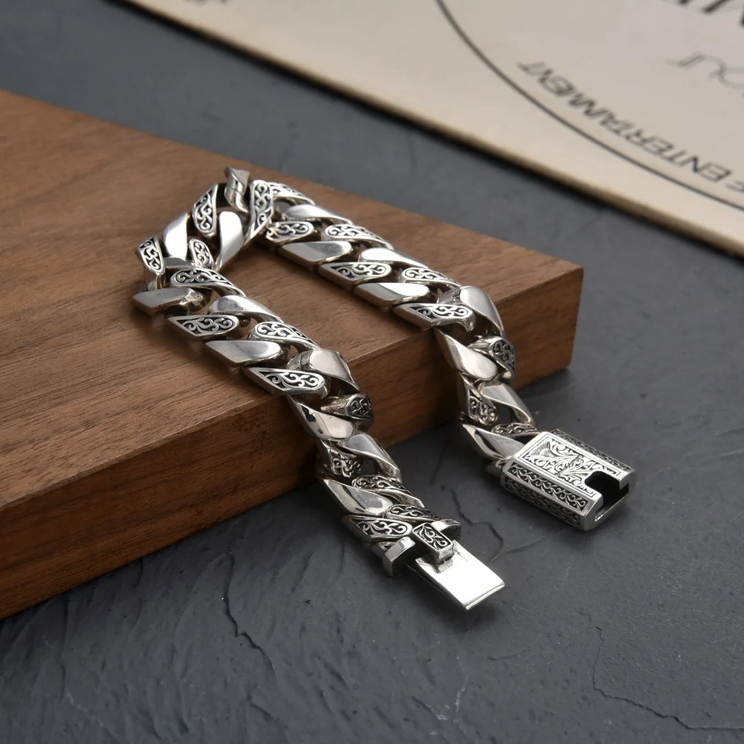 S925 Sterling Silver Europe And America Personality Eternal Vine Flower Punk Tank Bracelet Men's Thai Silver Retro Smooth Chain