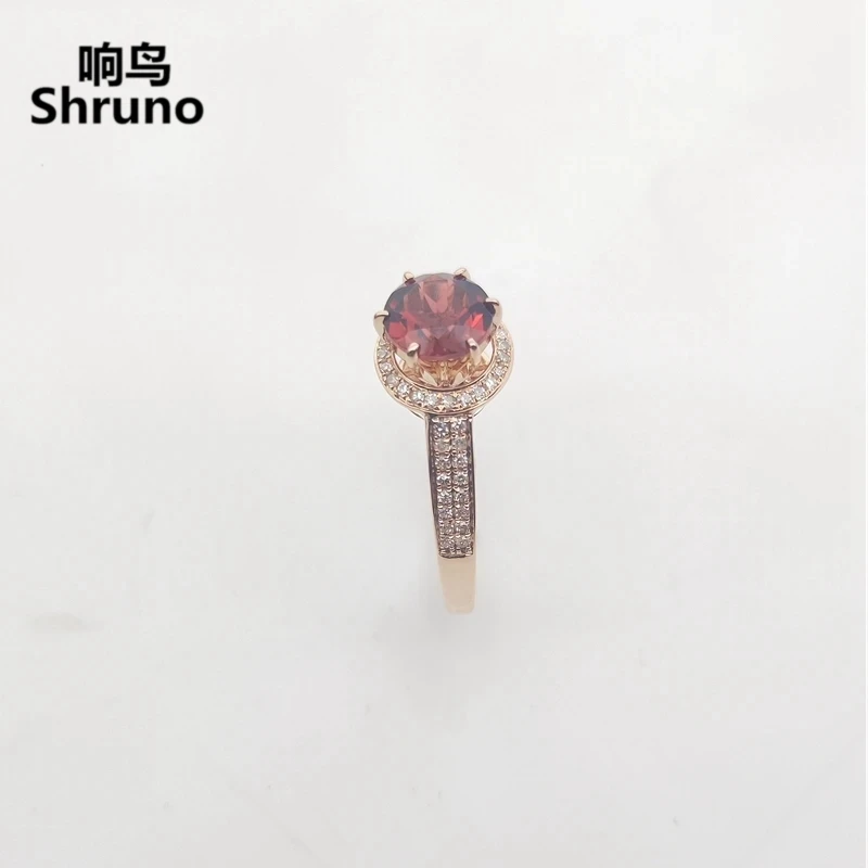 Shruno Solid 14K AU585 Rose Gold 6mm Round Genuine Garnet Gemstone Ring  For Women Real Diamond Engagement Jewelry Gift