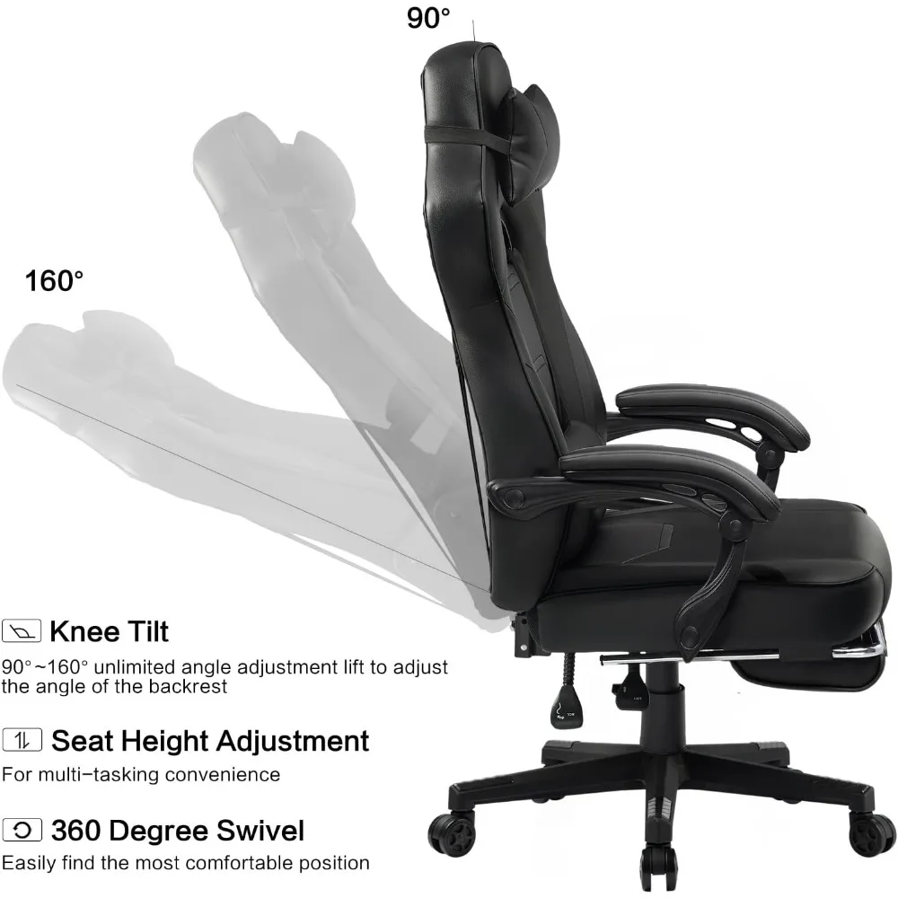 Computer Gaming Chair with Footrest, Ergonomic Large and Tall Gaming Chair PU Leather Swivel Lumbar Support Esports Gaming Chair