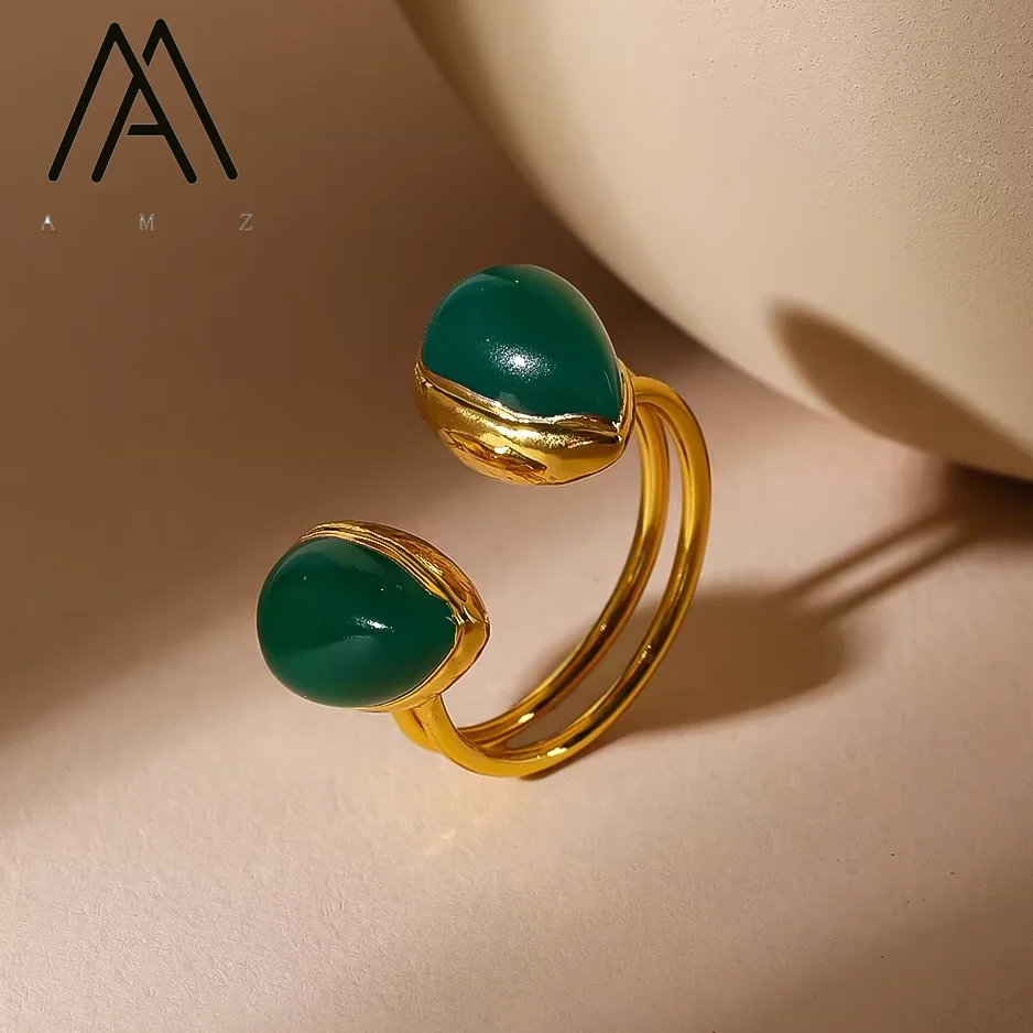 

Classic Natural Green Jade Ring Teardrop-Shaped Luster Double-Stone Rings 24K Gold-Plated Adjustable Jewelry Women's Accessories