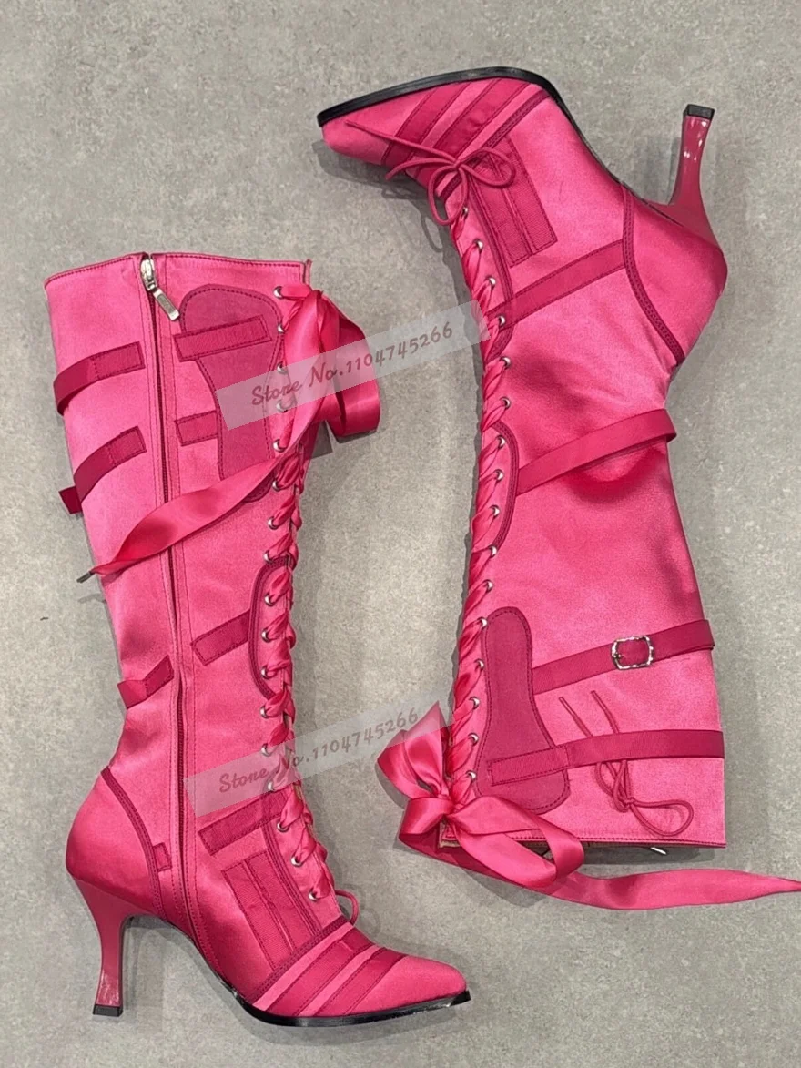 Hot Pink Satin Knee High Boots Pointed Toe Stiletto Heel Ribbon Lace Up Bow Decor Party Dress Boots Side Zipper Patchwork Shoes