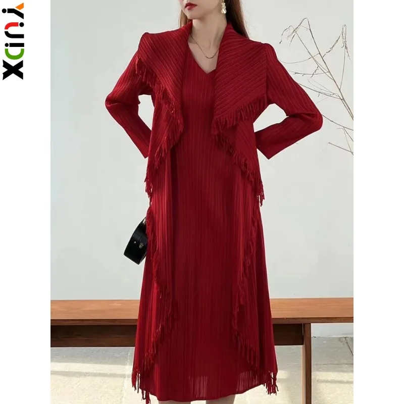 

YUDX Miyake Pleated 2 Pieces Set Women Spliced Tassel Lapel Full Sleeve Long Tops + Dress Elegant Evening Party New 2024 Cloth